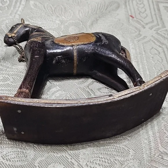 Vintage Carved Wooden Hammered Brass Rocking Horse Decor - Picture 12 of 12